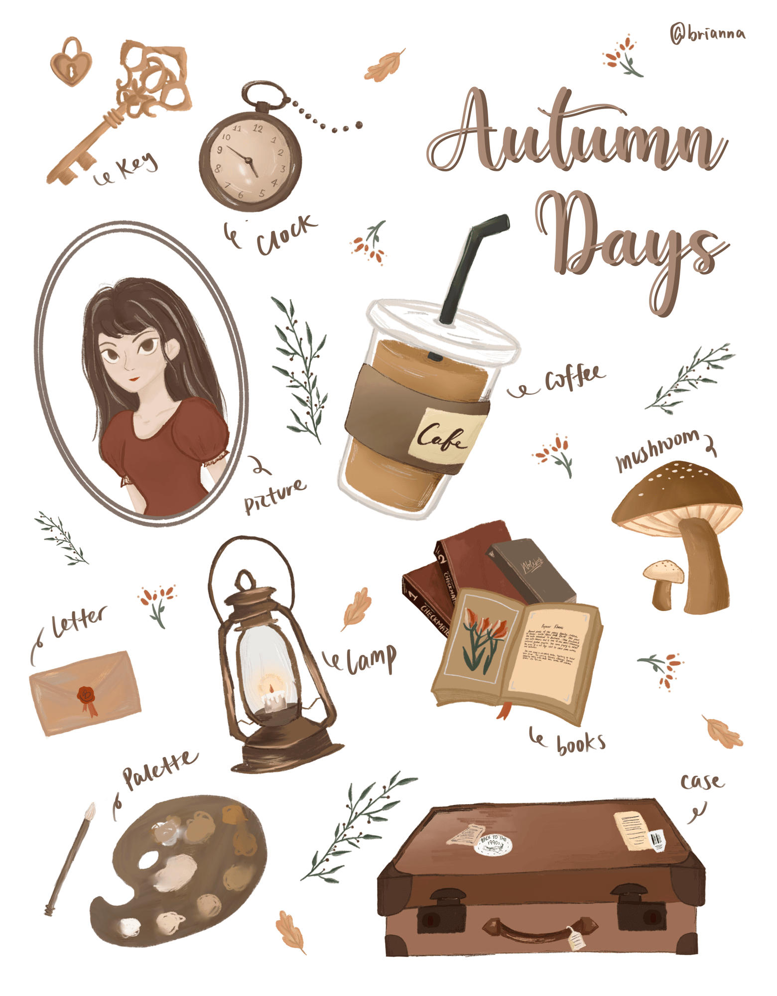 Autumn Days illustration, a flat-lay of cozy autumn objects like coffee, books, and a lantern